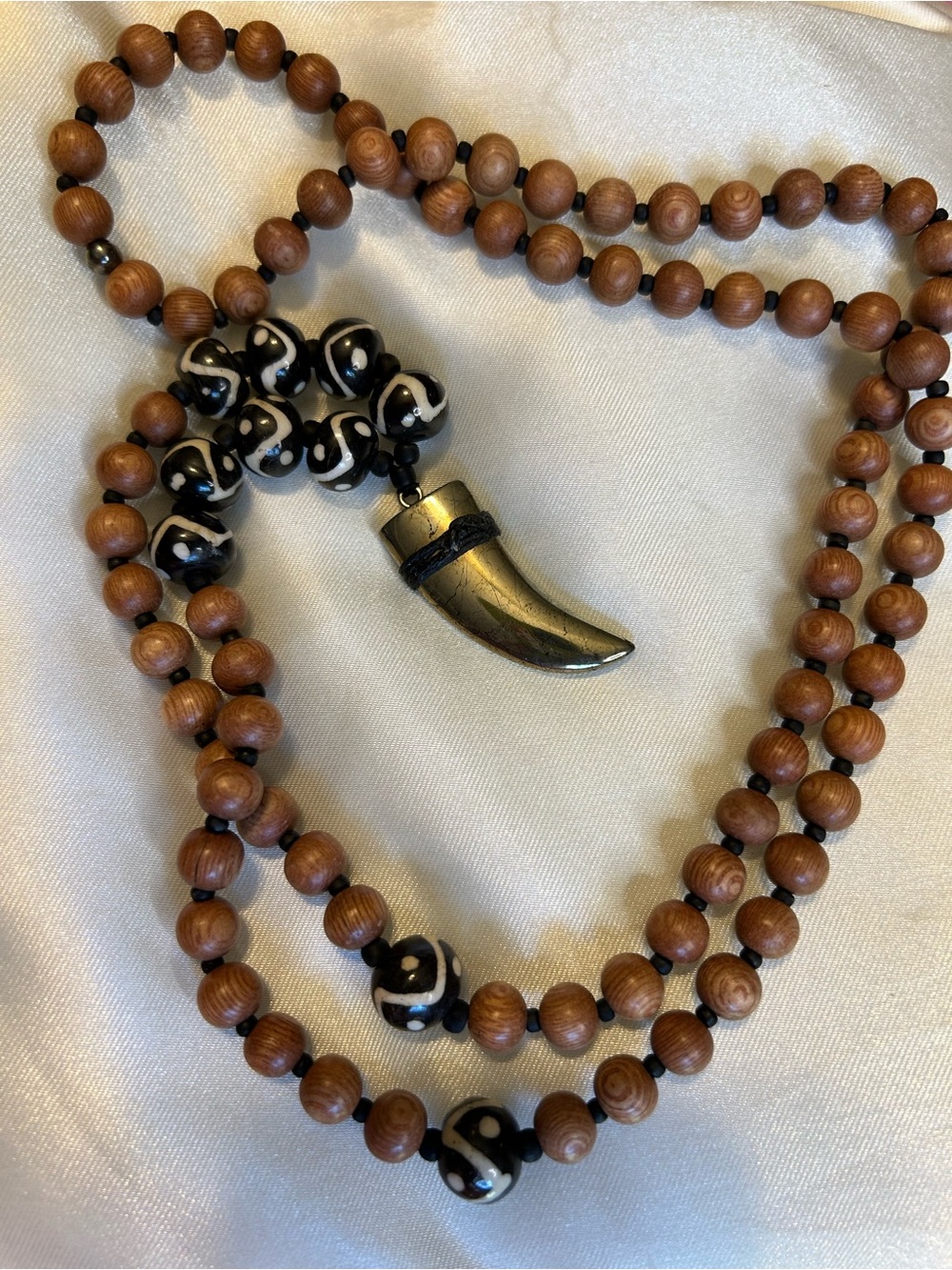 Wood Beaded Necklace with Black & White Bead Accents and Horn Pendant